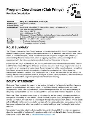 Program Coordinator (Club Fringe) Position Description