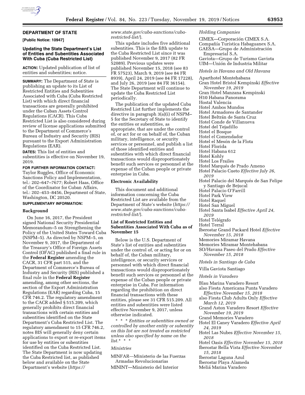 Federal Register/Vol. 84, No. 223/Tuesday, November 19, 2019