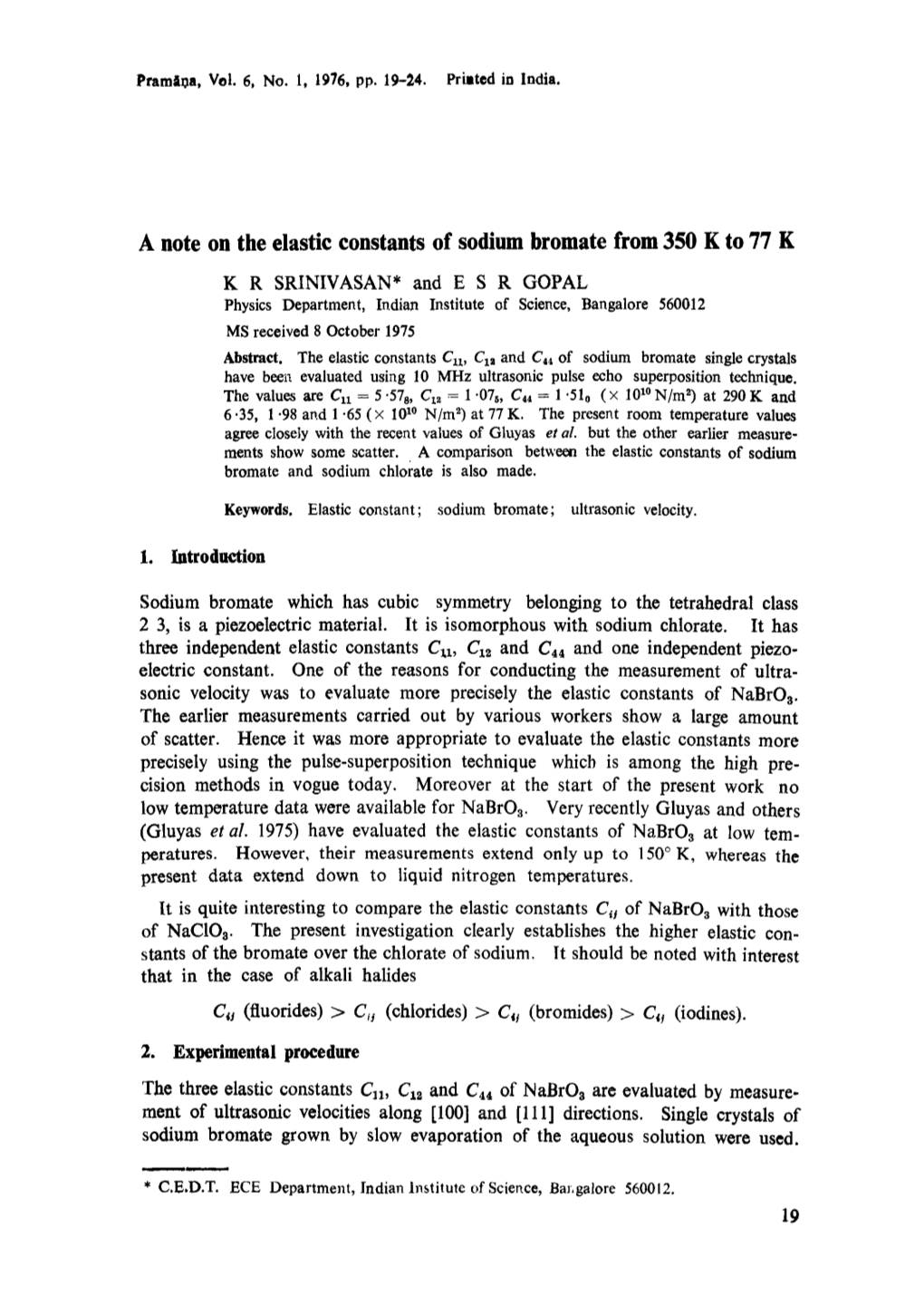 A Note on the Elastic Constants of Sodium Bromate from 350 K to 77 K