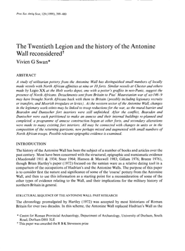 The Twentieth Legion and the History of the Antonine Wall Reconsidered1" Vivien G Swan*