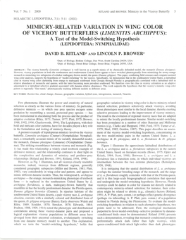 MIMICRY-RELATED VARIATION in WING COLOR of VICEROY BUTTERFLIES (LIMENITIS ARCHIPPUS): a Test of the Model-Switching Hypothesis (LEPIDOPTERA: NYMPHALIDAE)