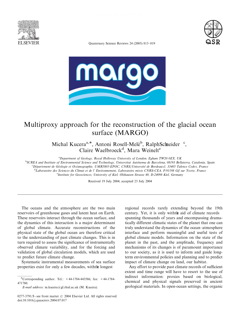 Multiproxy Approach for the Reconstruction of the Glacial Ocean Surface (MARGO)