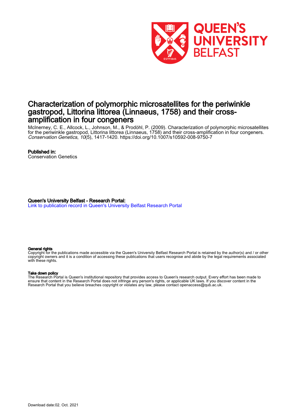 Characterization of Polymorphic Microsatellites for the Periwinkle