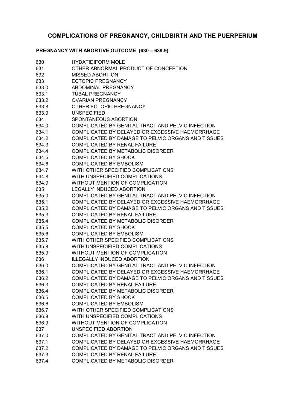 Diagnostic Codes (ICD9) Pregnancy Childbirth Puerperium