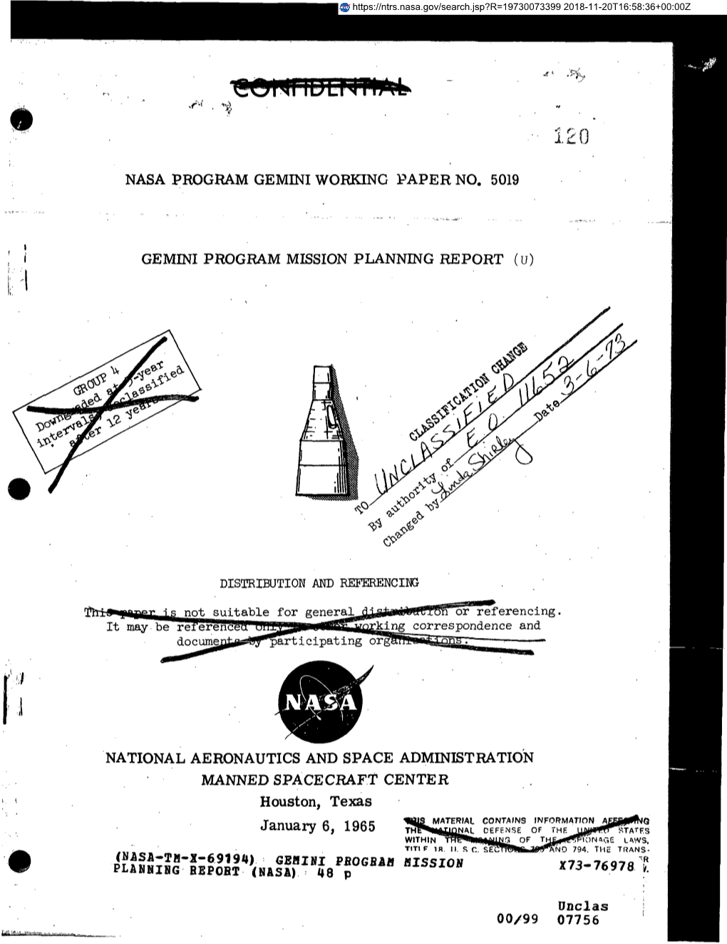 GEMINI PROGRAM MISSION PLANNING REPORT (U)