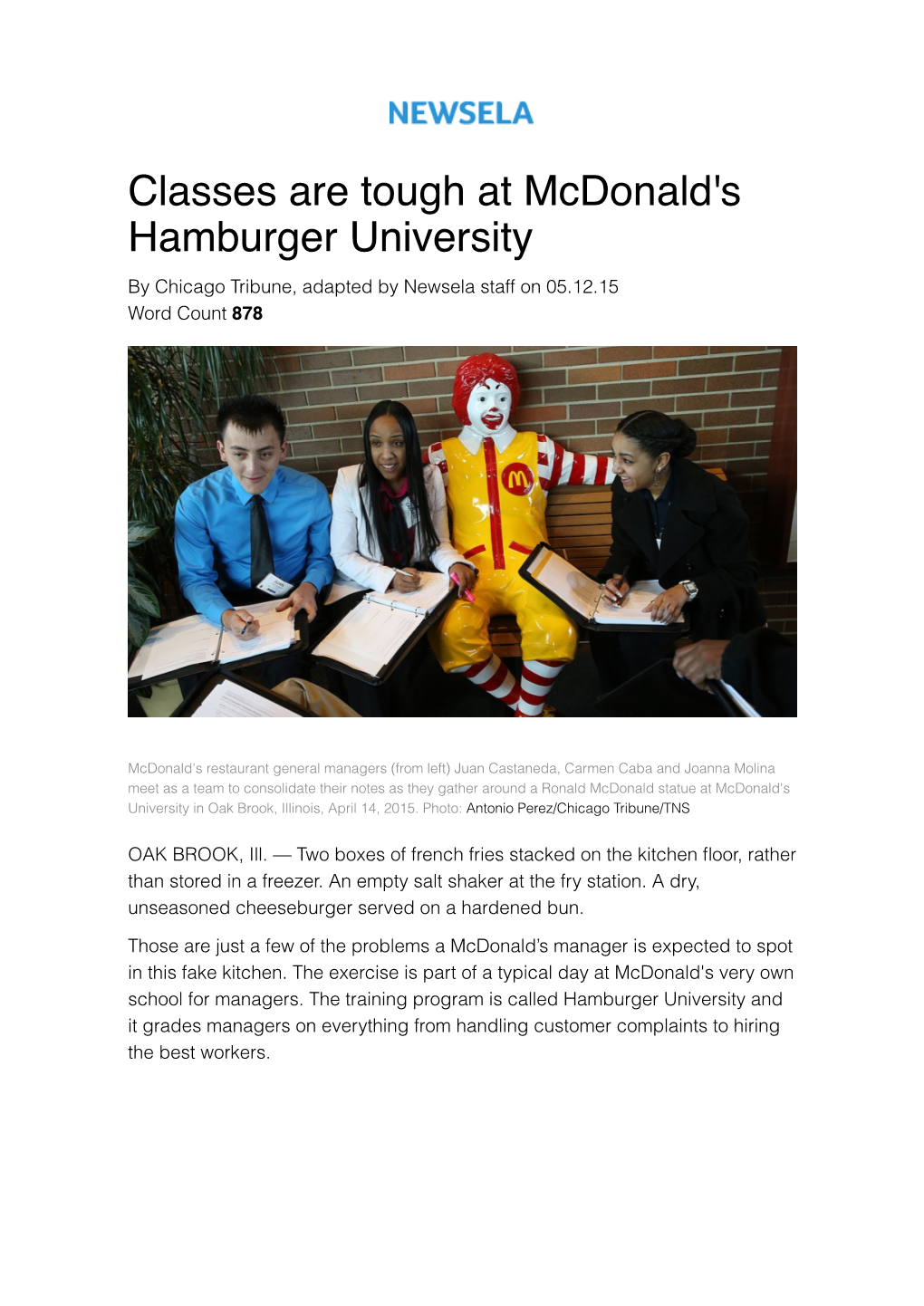 Classes Are Tough at Mcdonald's Hamburger University by Chicago Tribune, Adapted by Newsela Staff on 05.12.15 Word Count 878