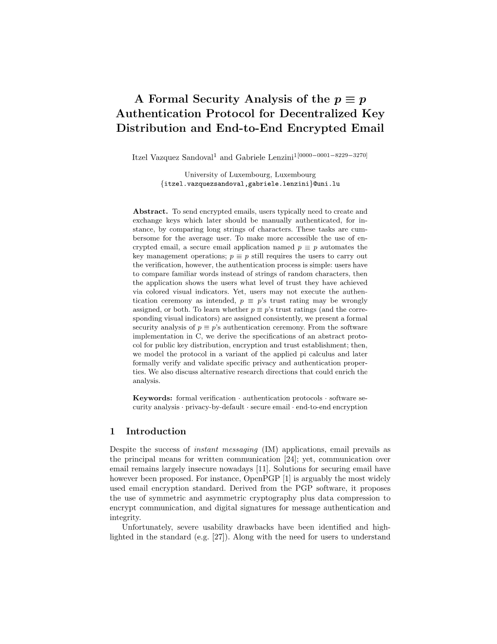 A Formal Security Analysis of the P ≡ P Authentication Protocol for Decentralized Key Distribution and End-To-End Encrypted Email