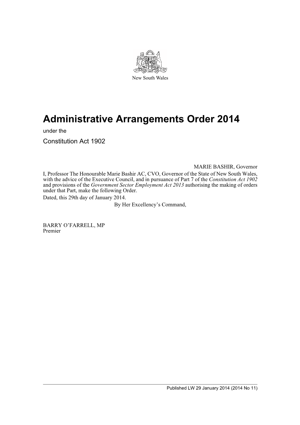 Administrative Arrangements Order 2014 Under the Constitution Act 1902