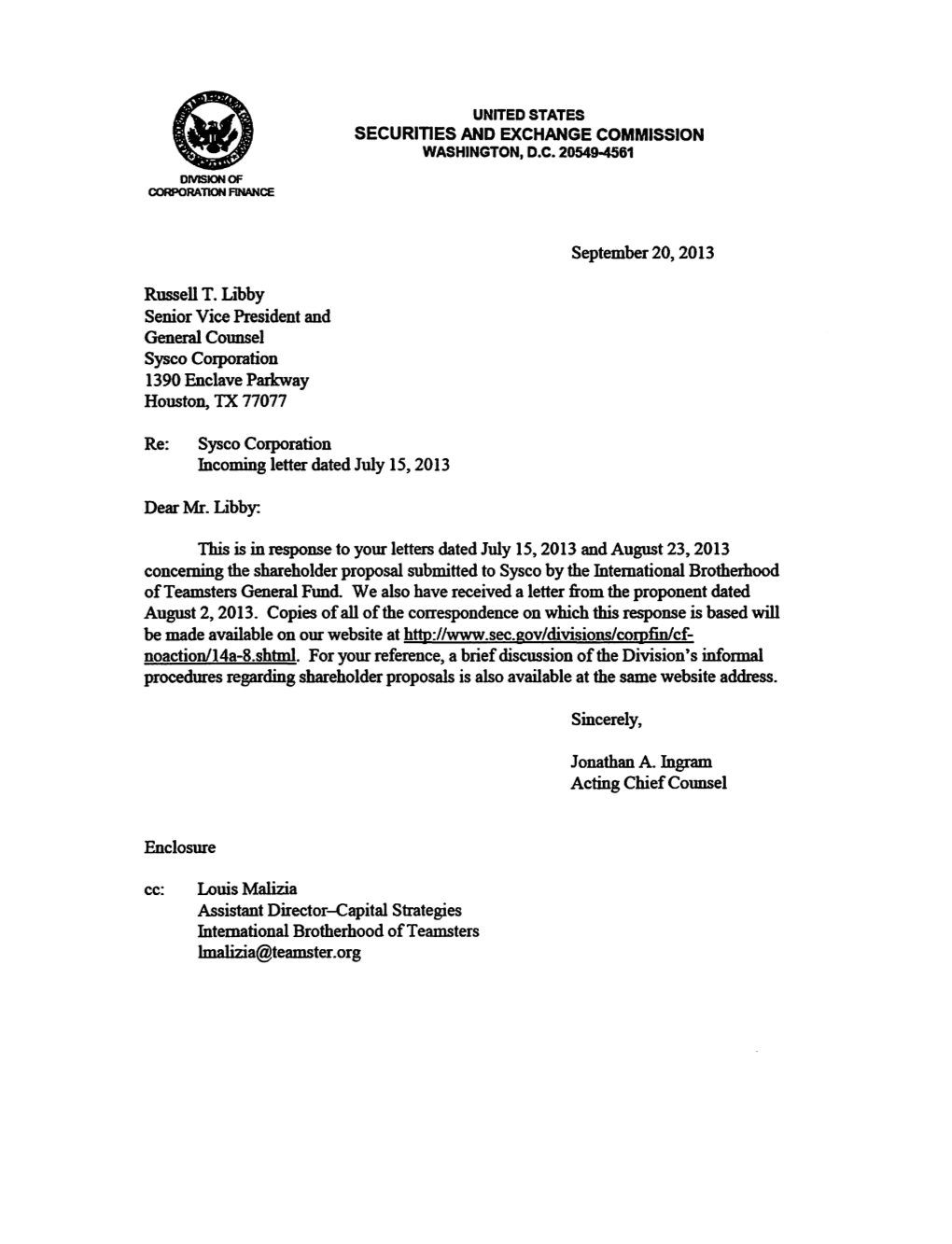 Sysco Corporation Incoming Letter Dated July 15, 2013