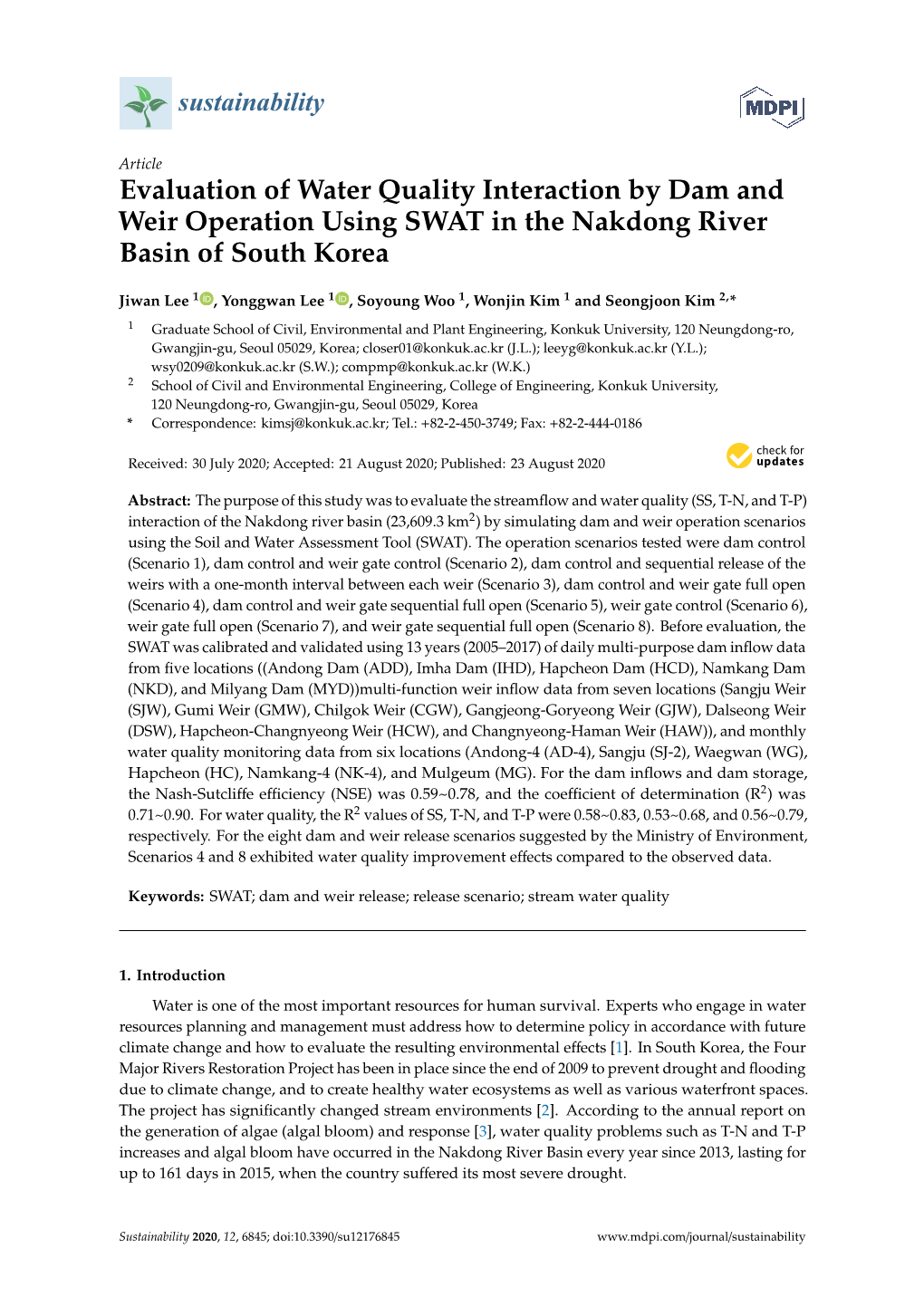 Evaluation of Water Quality Interaction by Dam and Weir Operation Using SWAT in the Nakdong River Basin of South Korea