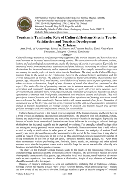 Tourism in Tamilnadu: Role of Cultural/Heritage Sites in Tourist Satisfaction and Tourism Development Dr