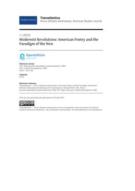 Transatlantica, 1 | 2016, “Modernist Revolutions: American Poetry and the Paradigm of the New” [Online], Online Since 28 February 2016, Connection on 29 April 2021