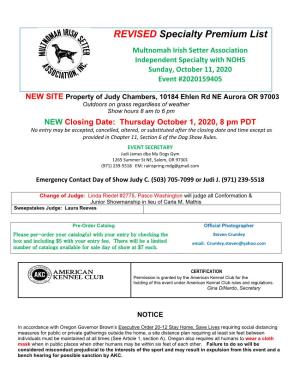 Multnomah Irish Setter Association Independent Specialty with NOHS Sunday, October 11, 2020 Event #2020159405
