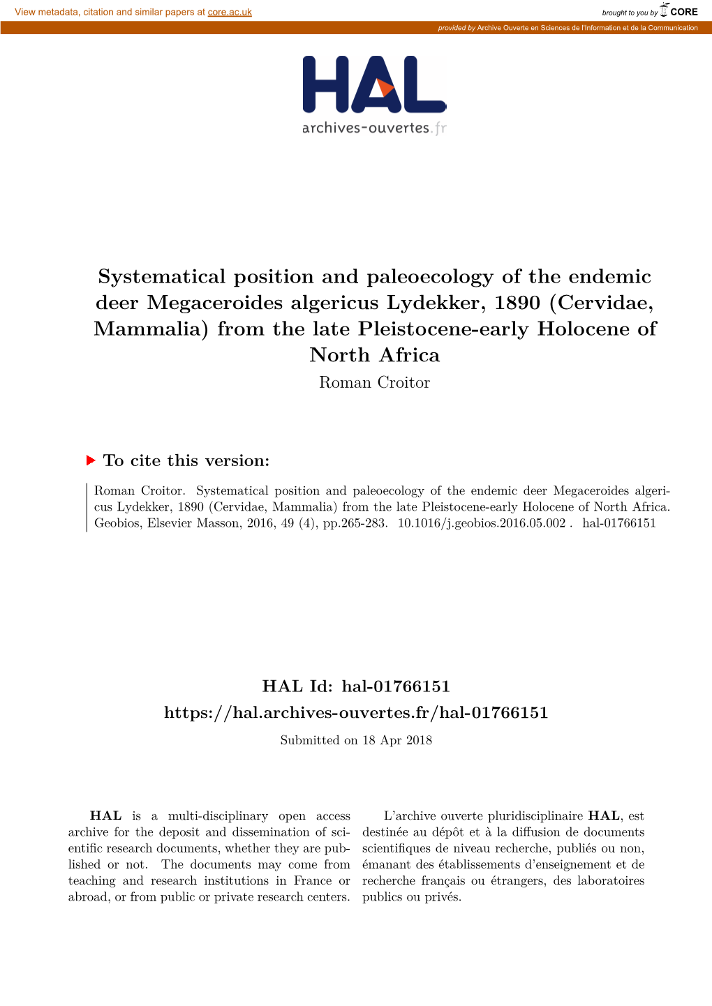 Cervidae, Mammalia) from the Late Pleistocene-Early Holocene of North Africa Roman Croitor