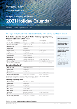 Morgan Stanley Liquidity Funds 2021 Holiday Calendar