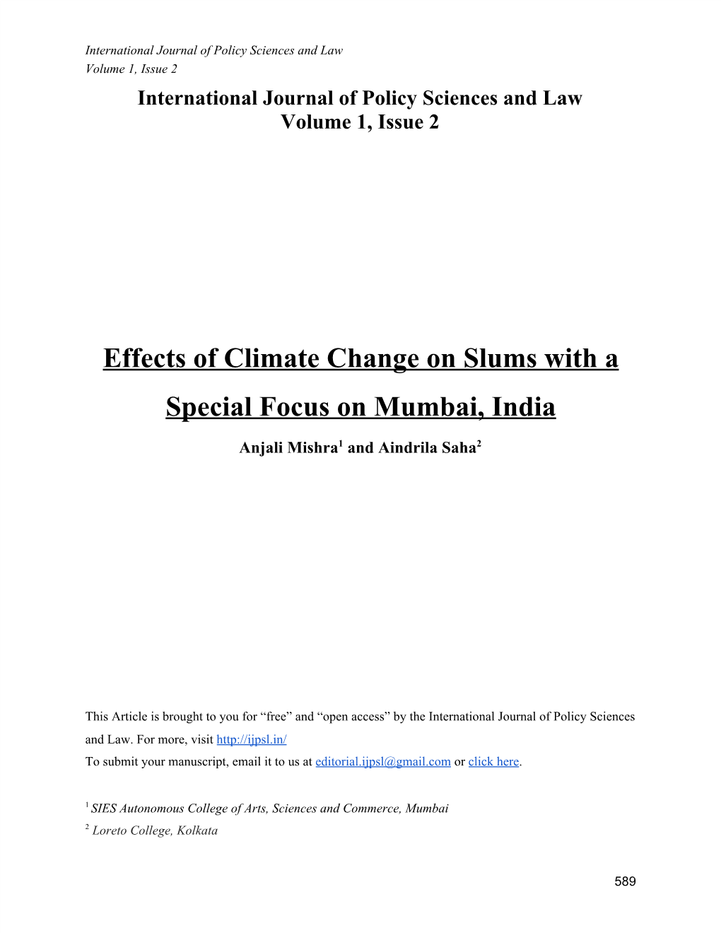 Effects of Climate Change on Slums with a Special Focus on Mumbai, India