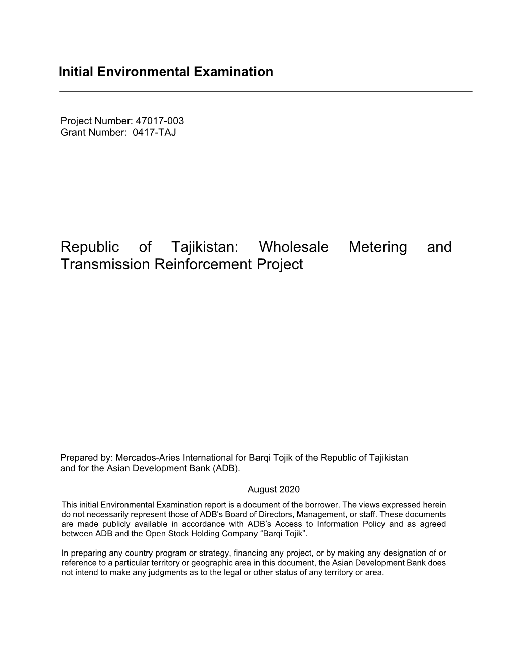 Wholesale Metering and Transmission Reinforcement Project: Initial