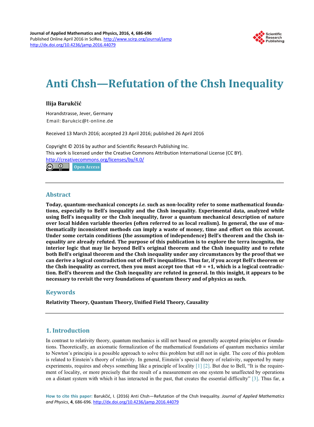 Anti Chsh—Refutation of the Chsh Inequality