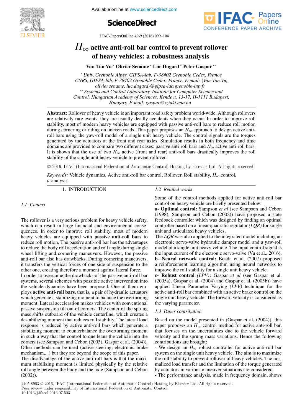 H￢ﾈﾞ Active Anti-Roll Bar Control to Prevent Rollover of Heavy Vehicles: A