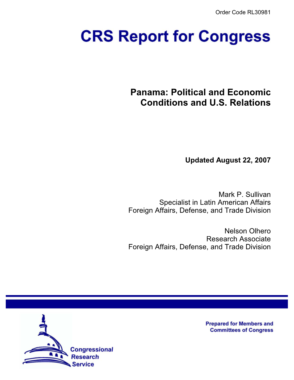 Panama: Political and Economic Conditions and U.S