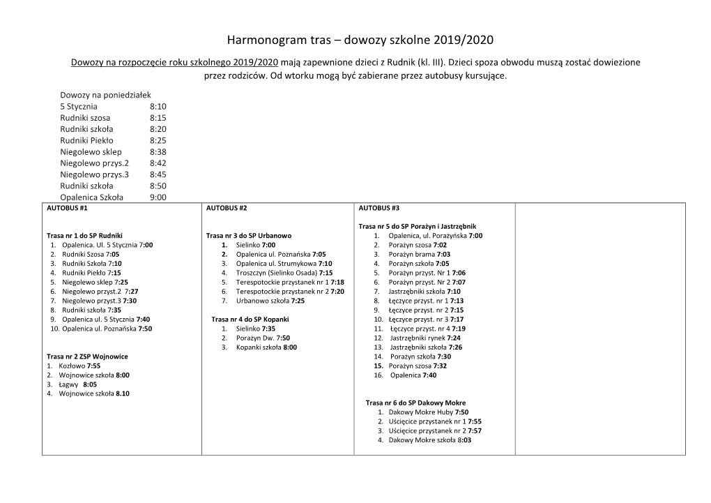 Harmonogram Tras – Dowozy Szkolne 2019/2020