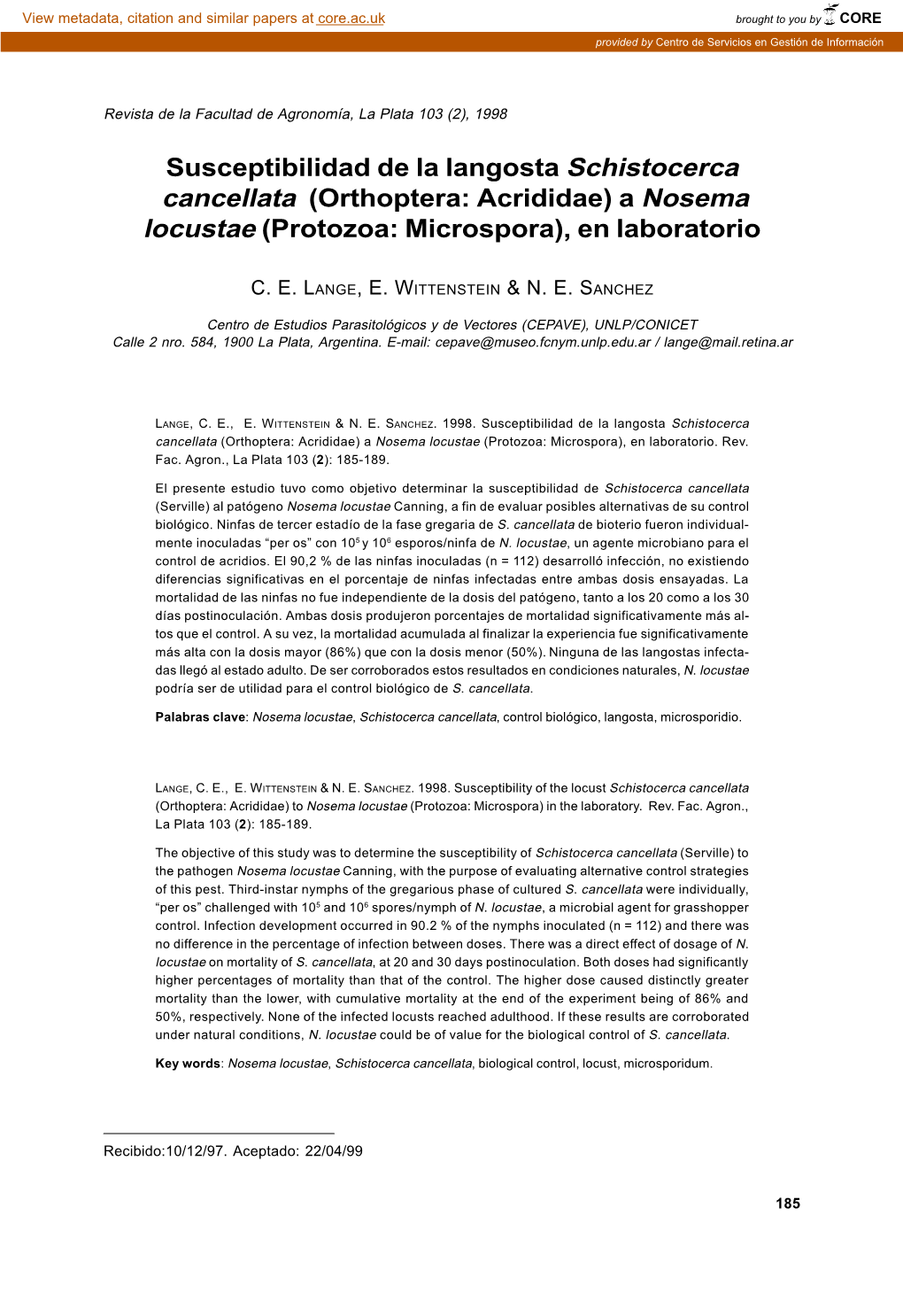 Susceptibilidad De La Langosta Schistocerca Cancellata (Orthoptera: Acrididae) a Nosema Locustae (Protozoa: Microspora), En Laboratorio