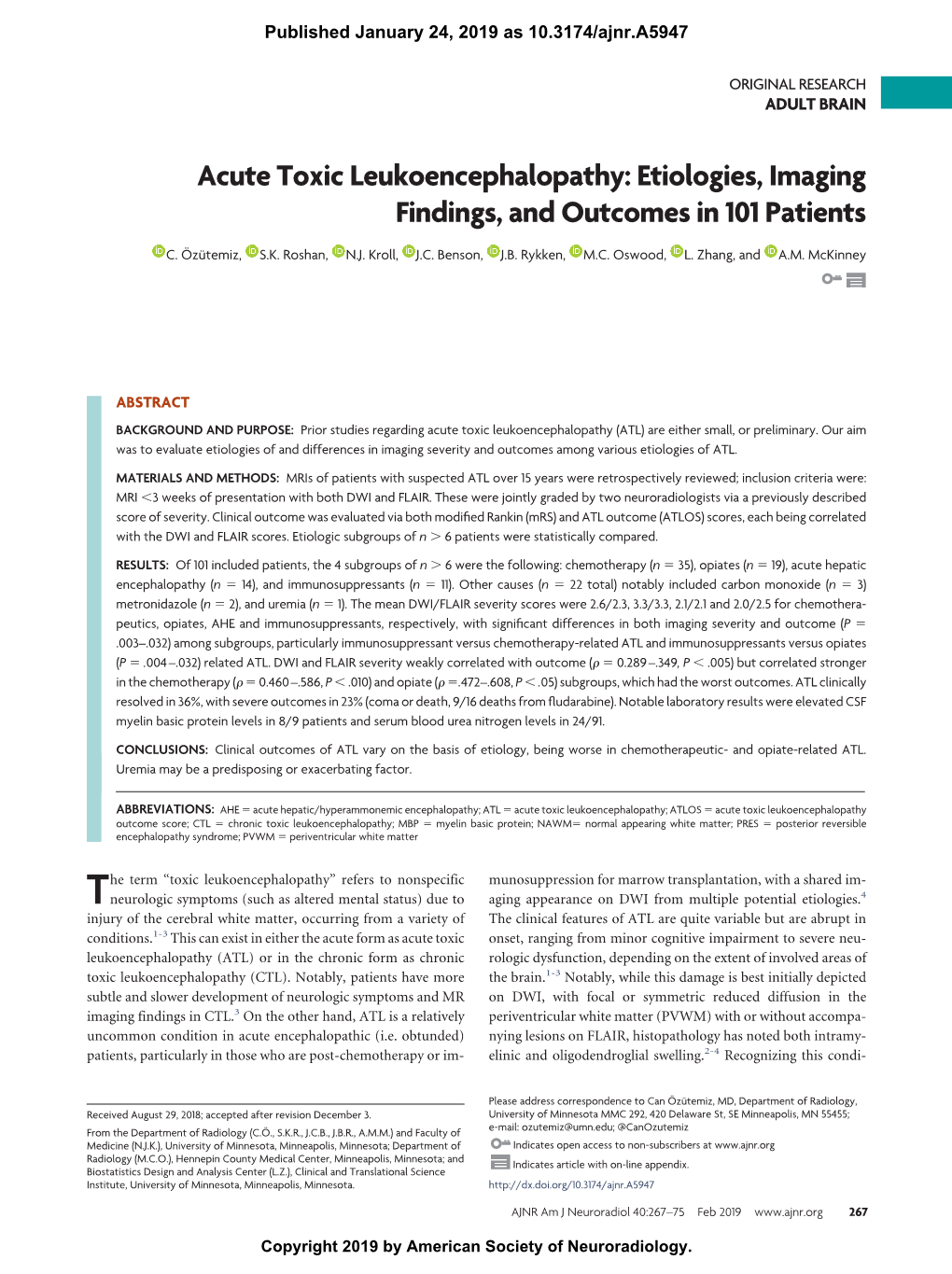 Acute Toxic Leukoencephalopathy: Etiologies, Imaging Findings, and Outcomes in 101 Patients