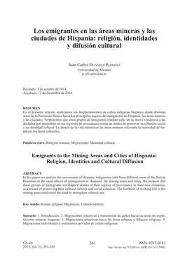 Los Emigrantes En Las Áreas Mineras Y Las Ciudades De Hispania: Religión, Identidades Y Difusión Cultural