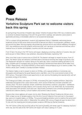 Press Release Yorkshire Sculpture Park Set to Welcome Visitors Back This Spring