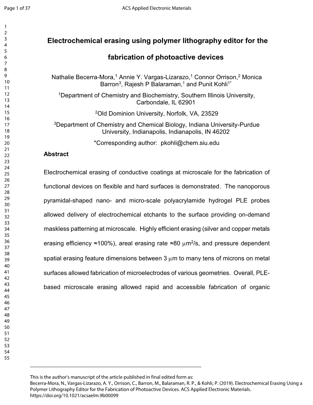 Electrochemical Erasing Using Polymer Lithography Editor for the 4 5 6 Fabrication of Photoactive Devices 7 8 9 Nathalie Becerra-Mora,1 Annie Y