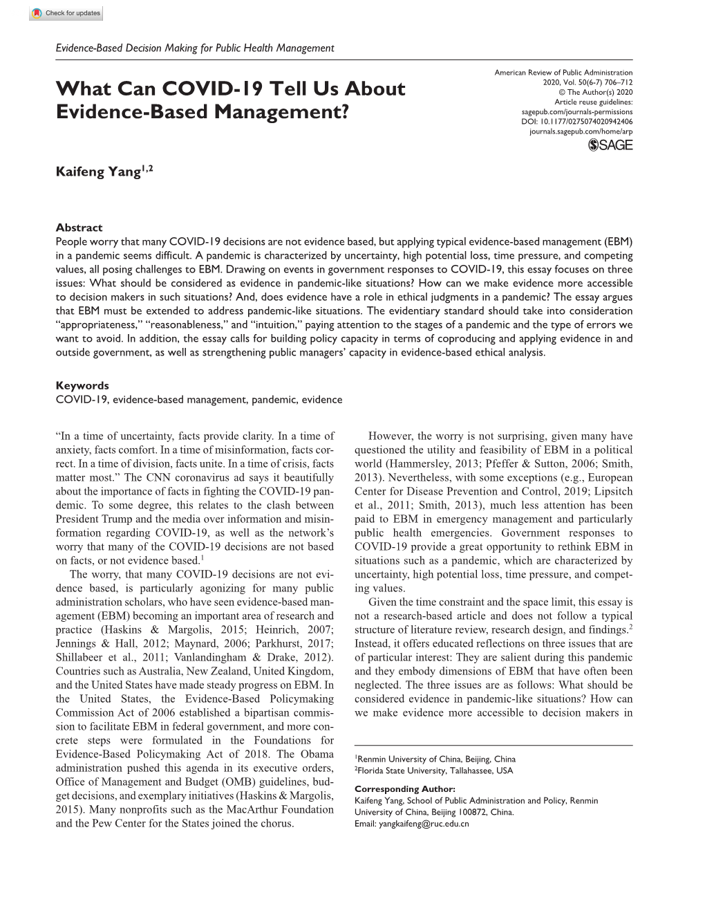 What Can COVID-19 Tell Us About Evidence-Based Management?