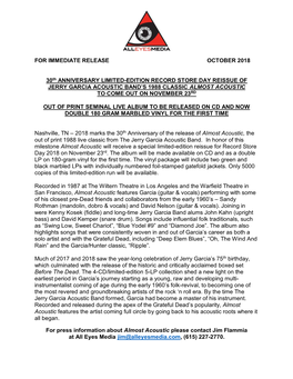 FOR IMMEDIATE RELEASE OCTOBER 2018 30Th