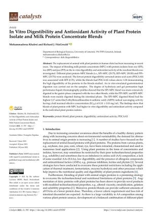 In Vitro Digestibility and Antioxidant Activity of Plant Protein Isolate and Milk Protein Concentrate Blends