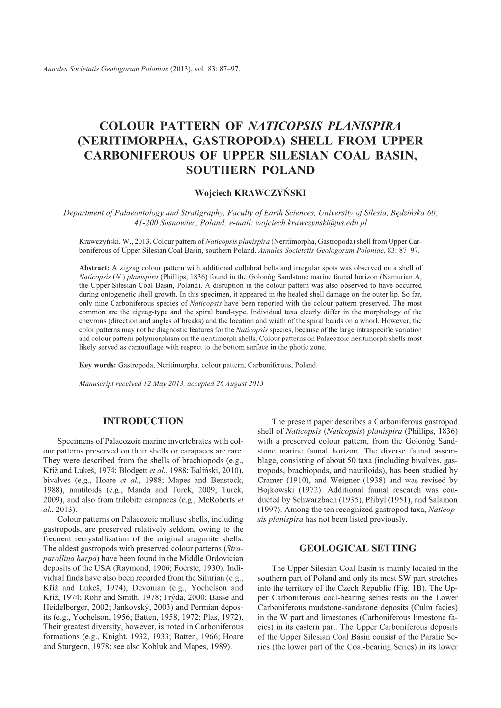 Col Our Pat Tern of Naticopsis Planispira (Neritimorpha, Gastropoda) Shell from up Per Car Bon If Er Ous of up Per Silesian Coal Ba Sin, South Ern Poland