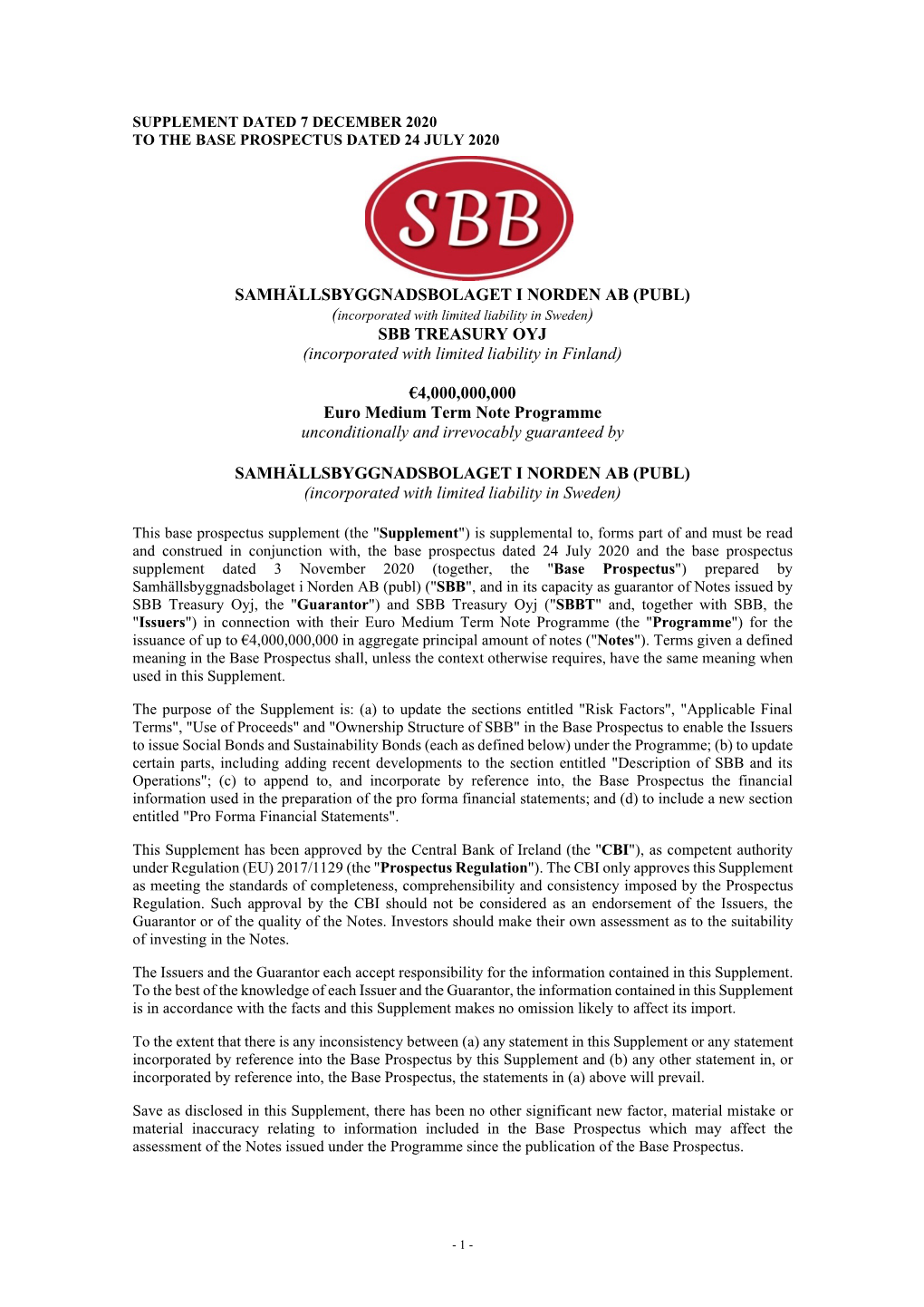 SBB TREASURY OYJ (Incorporated with Limited Liability in Finland)