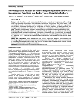 Knowledge and Attitude of Nurses Regarding Healthcare Waste Management Practices in a Tertiary Care Hospitalsoflahore