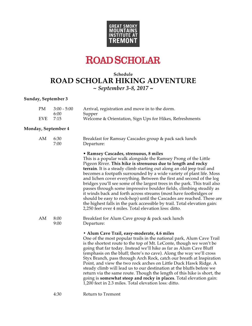 ROAD SCHOLAR HIKING ADVENTURE ~ September 3-8, 2017 ~