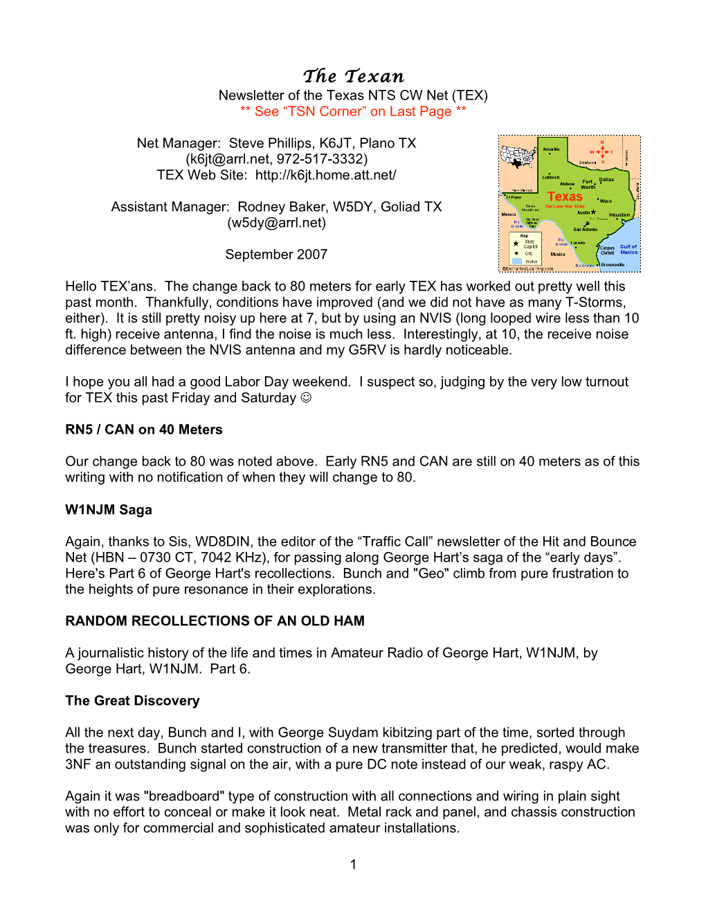 The Texan Newsletter of the Texas NTS CW Net (TEX) ** See “TSN Corner” on Last Page **