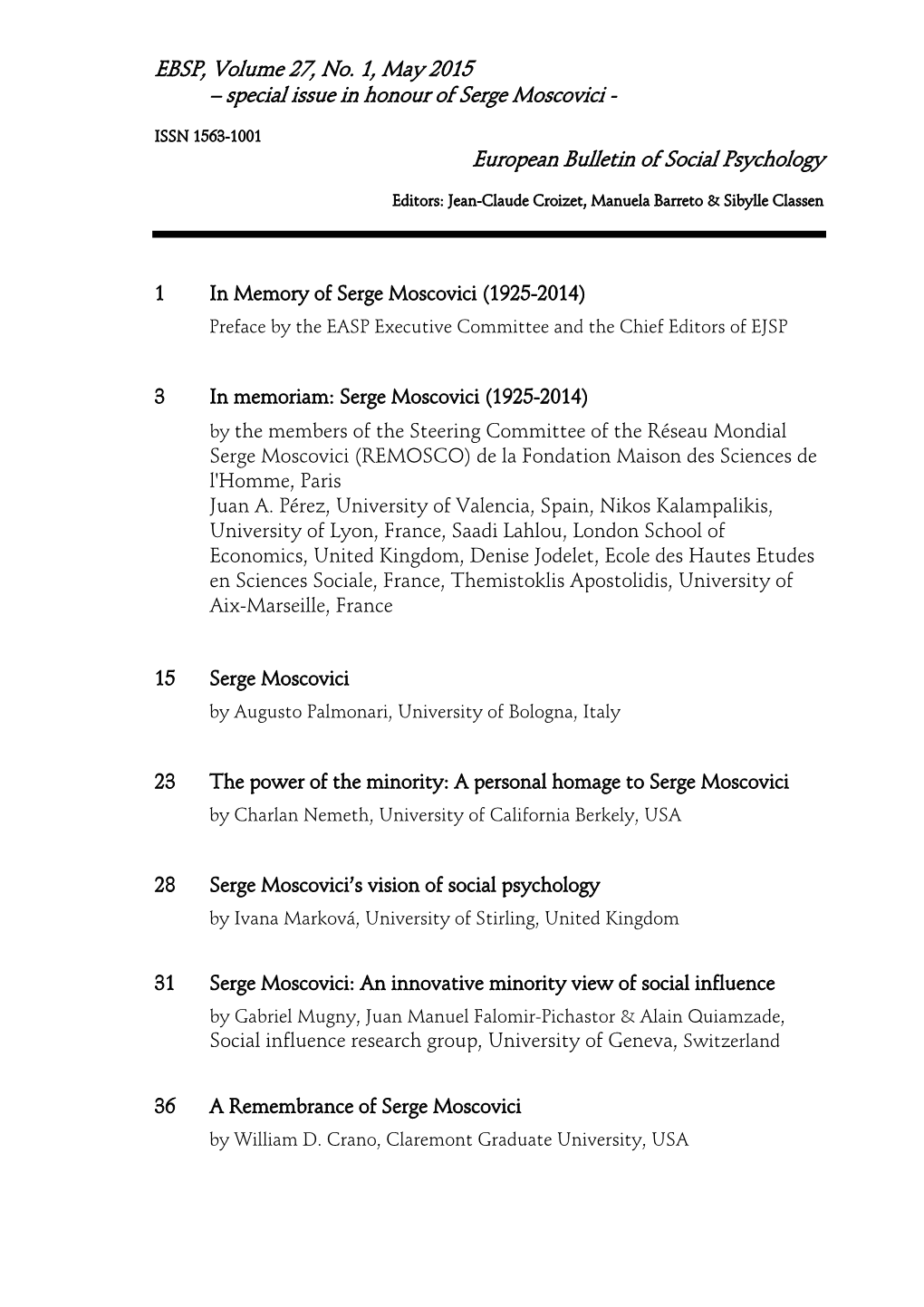 EBSP, Volume 27, No. 1, May 2015 – Special Issue in Honour of Serge Moscovici