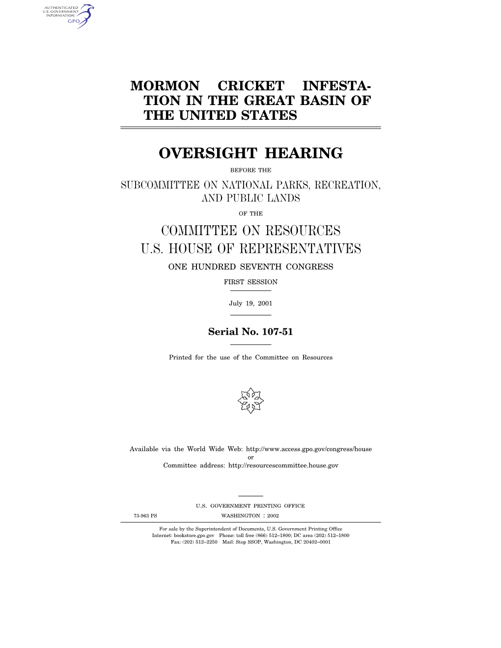 Oversight Hearing Committee on Resources U.S. House Of