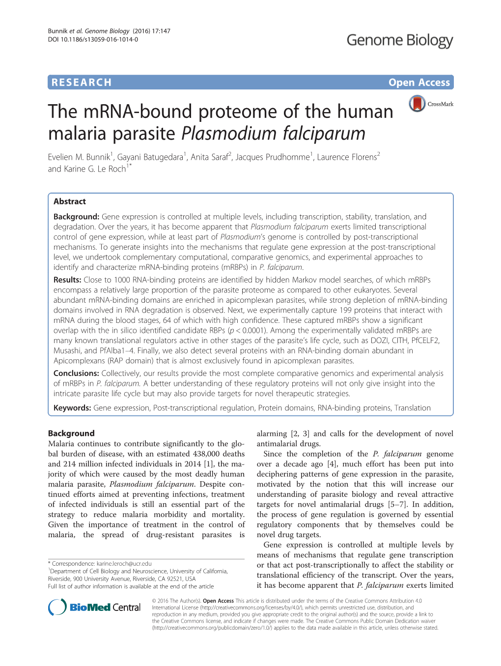 The Mrna-Bound Proteome of the Human Malaria Parasite Plasmodium Falciparum Evelien M