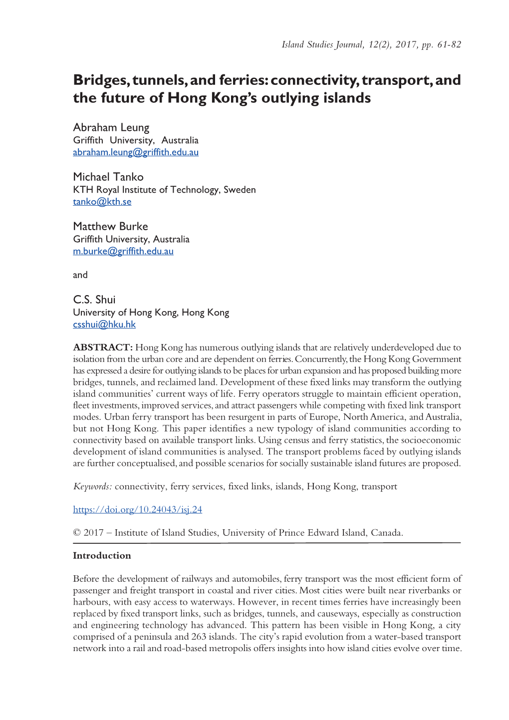 Bridges, Tunnels, and Ferries: Connectivity, Transport, and the Future of Hong Kong’S Outlying Islands