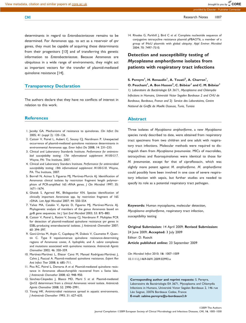 Detection and Susceptibility Testing of Mycoplasma Amphoriforme Isolates