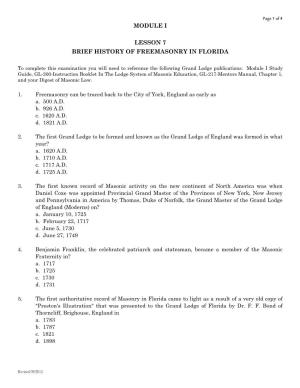 Page 1 of 4 MODULE I LESSON 7 BRIEF HISTORY of FREEMASONRY in FLORIDA