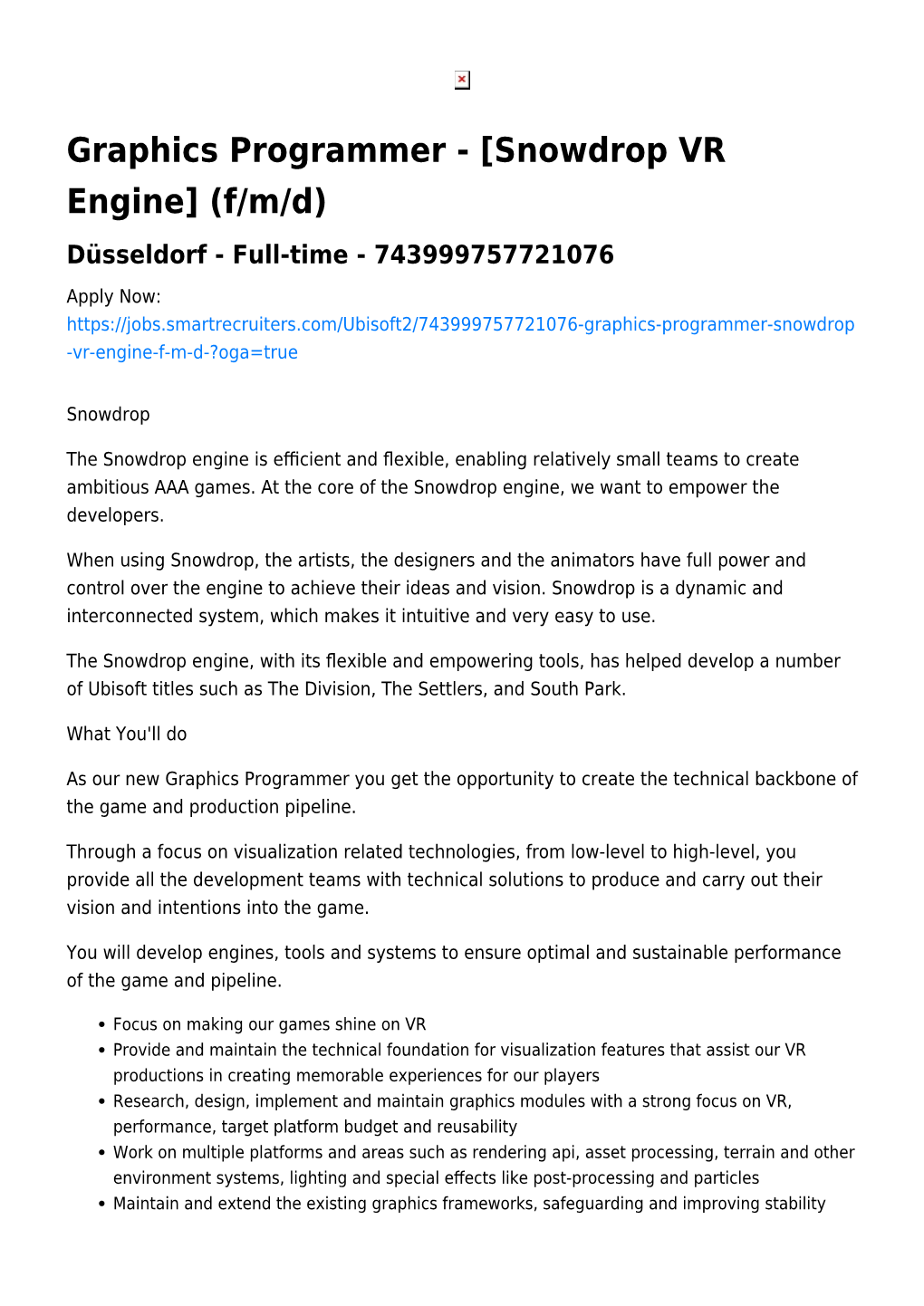 Graphics Programmer - [Snowdrop VR Engine] (F/M/D) Düsseldorf - Full-Time - 743999757721076