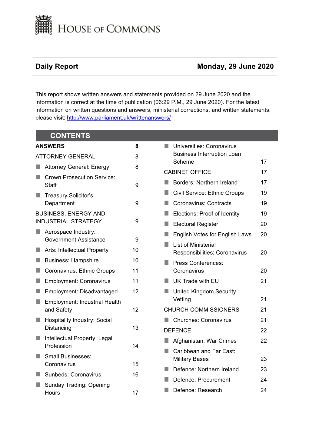 Daily Report Monday, 29 June 2020 CONTENTS