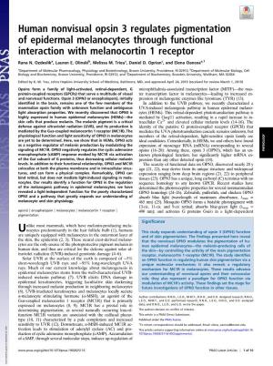Human Nonvisual Opsin 3 Regulates Pigmentation of Epidermal Melanocytes Through Functional Interaction with Melanocortin 1 Receptor