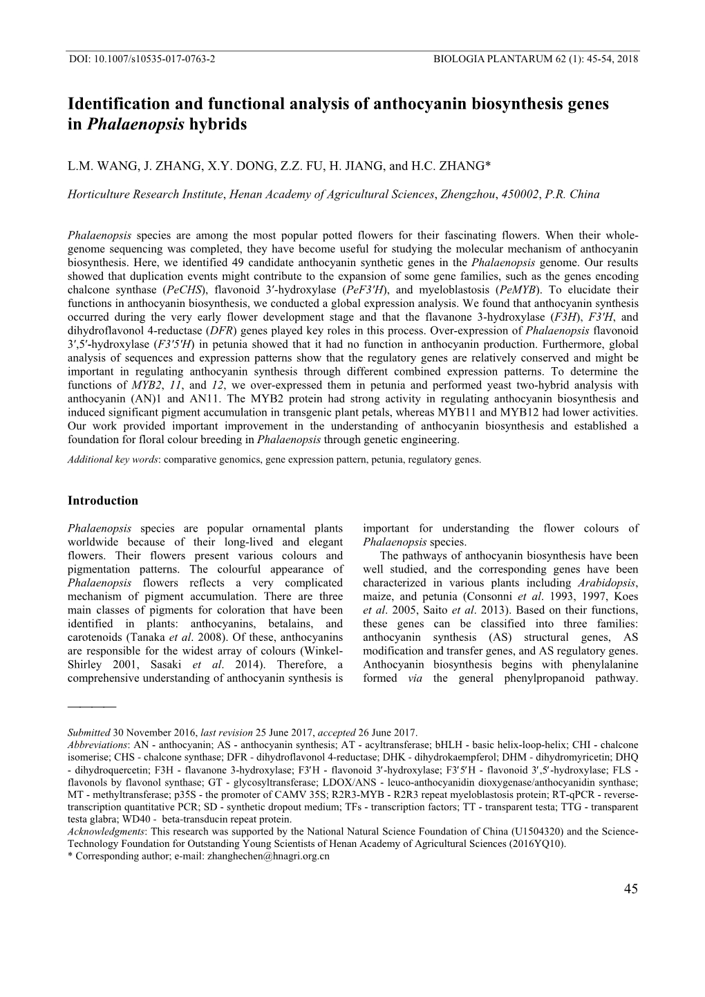 Identification and Functional Analysis of Anthocyanin Biosynthesis Genes in Phalaenopsis Hybrids