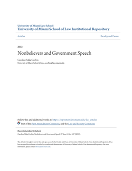 Nonbelievers and Government Speech Caroline Mala Corbin University of Miami School of Law, Ccorbin@Law.Miami.Edu