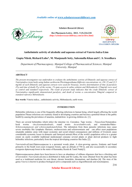 Anthelmintic Activity of Alcoholic and Aqueous Extract of Vateria Indica Linn